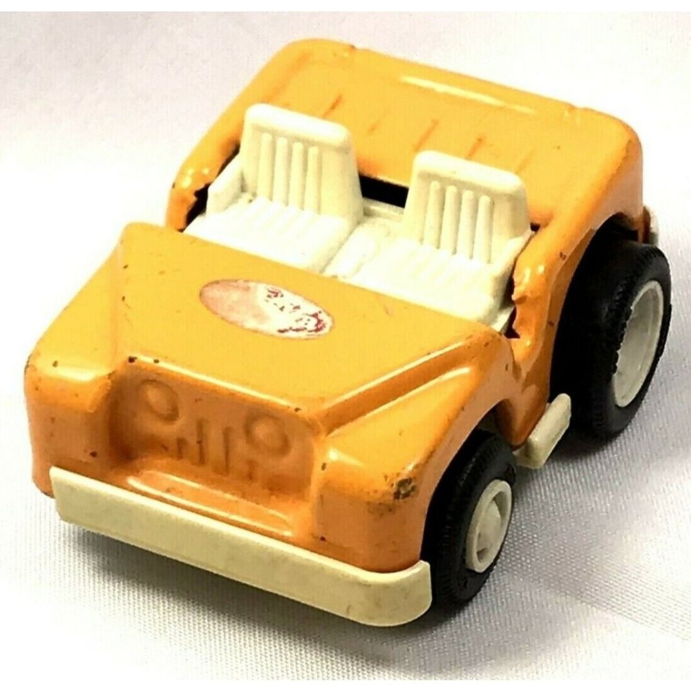 Toy Push Along Vehicle Tonka Small Metal Yellow Jeep with Rubber Tires Vintage